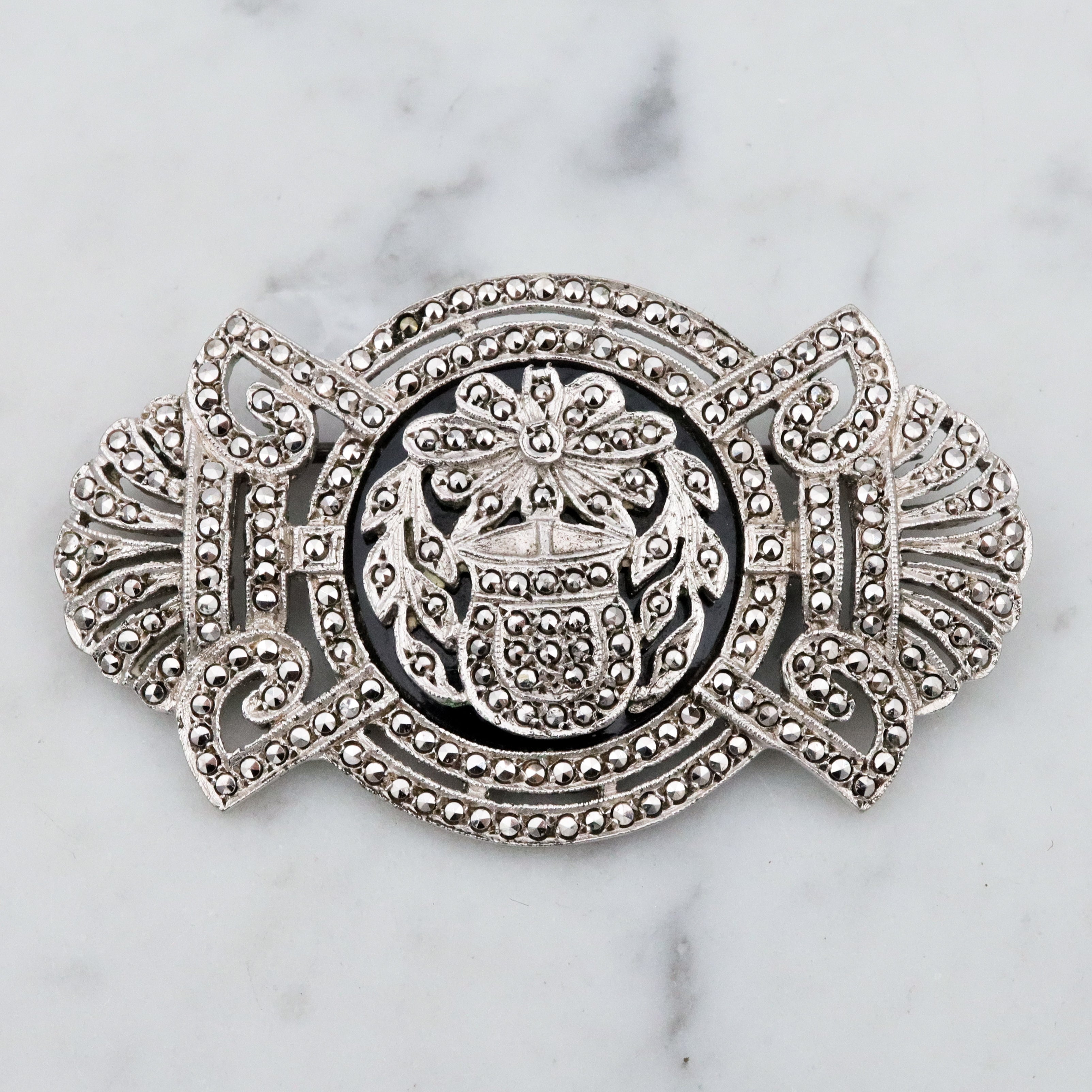 Antique Art Deco sterling marcasite floral framed brooch by EAGLE